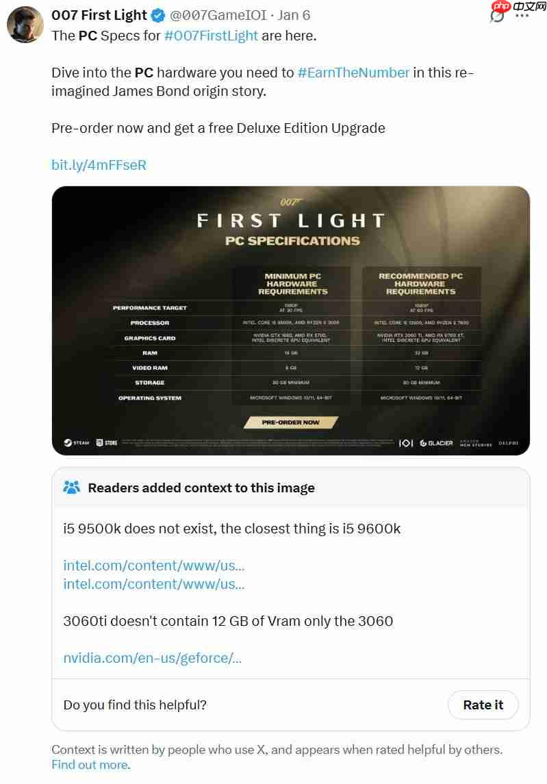 《007：初露锋芒》PC配置离大谱 CPU根本不存在