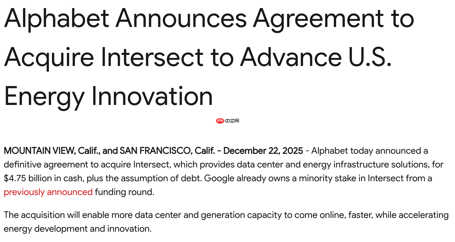谷歌母公司 Alphabet 斥资 47.5 亿美元收购 Intersect，加速 AI 和数据中心扩张