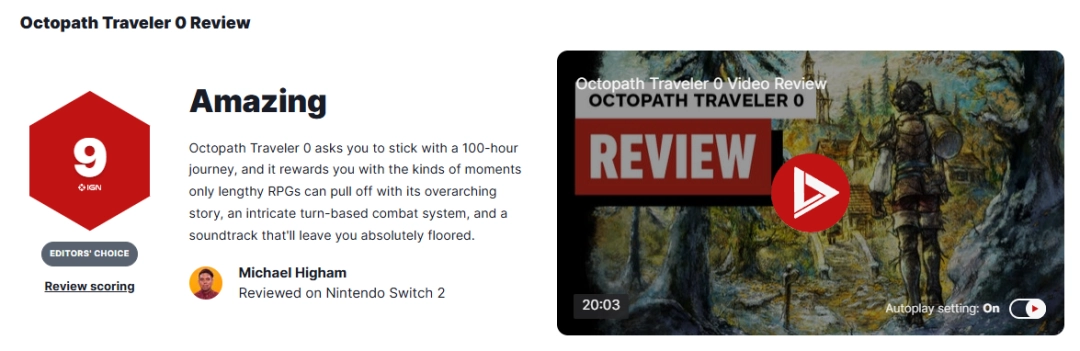 9分必玩!IGN评《八方旅人0》:上百小时的独特体验