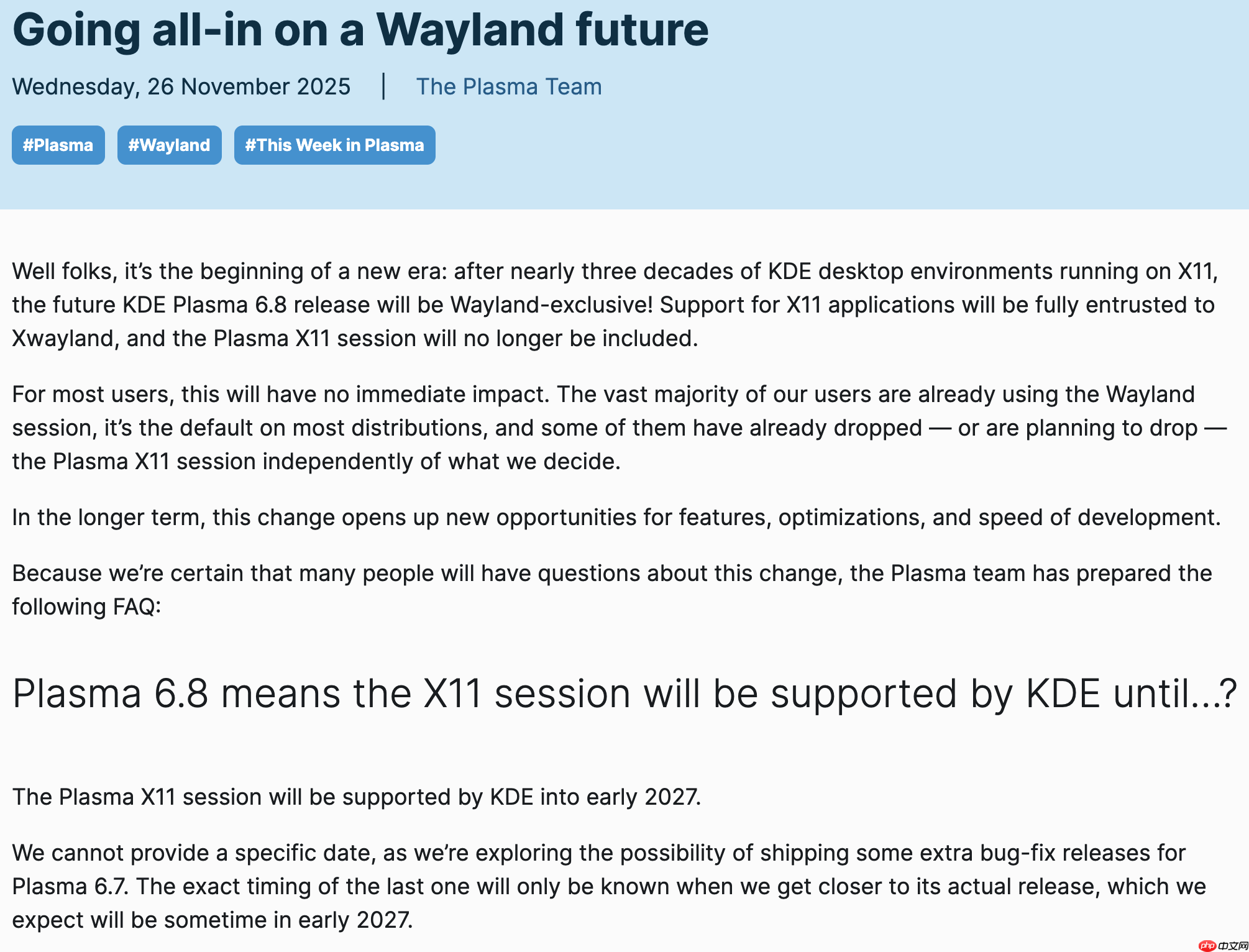 KDE Plasma 6.8 起将完全转向 Wayland