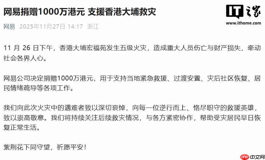 网易捐赠 1000 万港元,支援香港大埔救灾