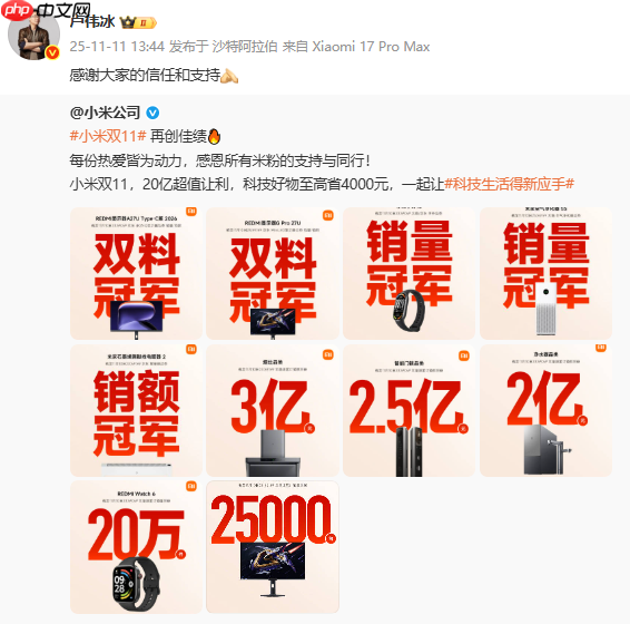 小米双11战报公布：多款产品获销量冠军 卢伟冰回应