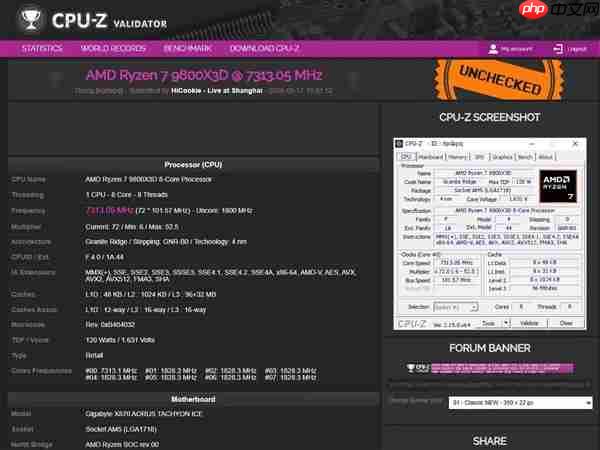 7.3GHz新纪录！HiCookie再创9800X3D+技嘉X870主板超频战绩