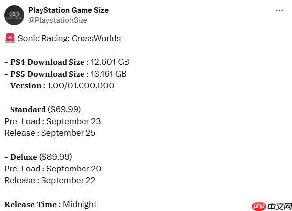 《索尼克赛车：交叉世界》PS5版容量公布！月底开启预载