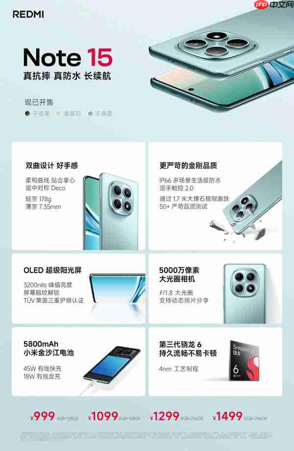 REDMI Note 15 Pro系列发布 最大7K电池 999元起售