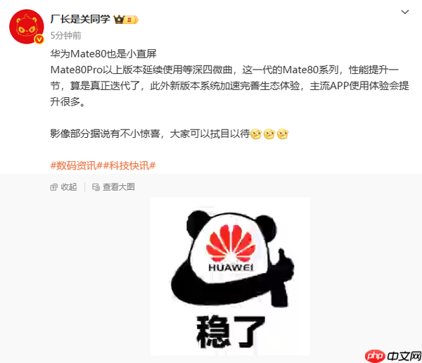 华为Mate 80标准版或采用小直屏设计 影像系统有大惊喜