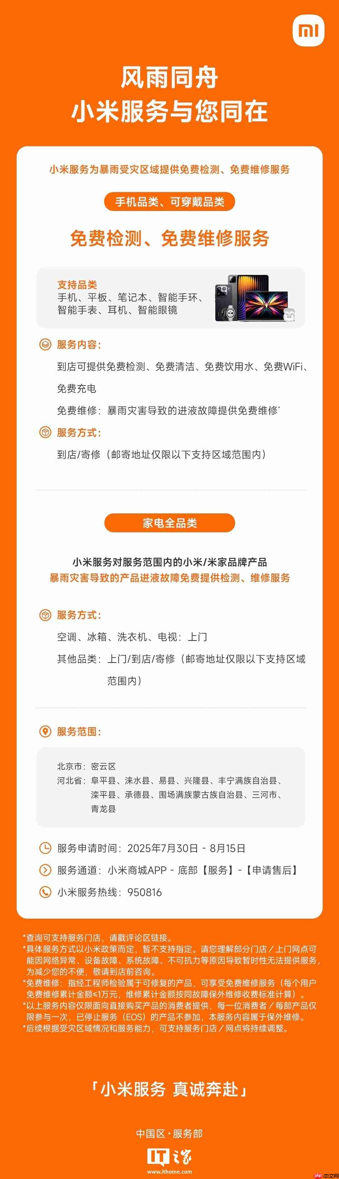 守护设备安全:小米为暴雨受灾地区提供免费检测、免费维修服务