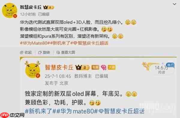 华为Mate 80参数细节曝光：双层OLED直屏+3D人脸