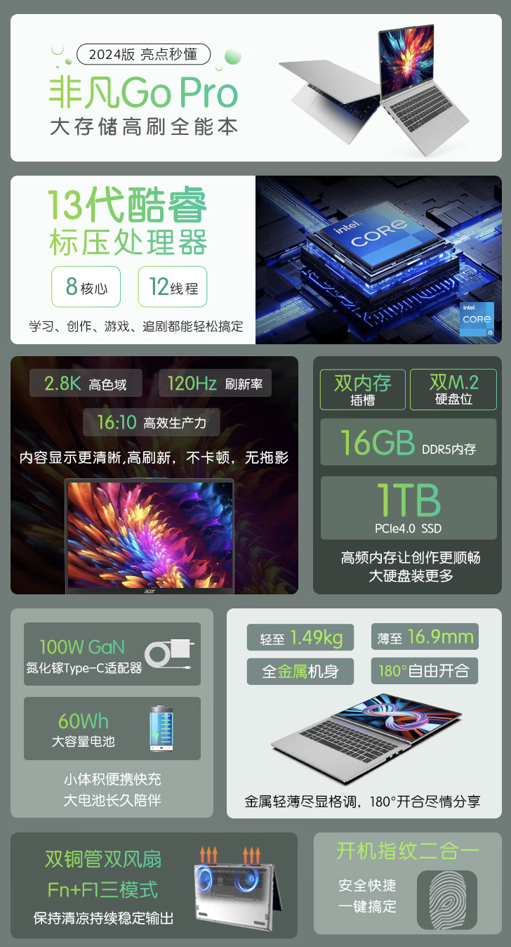 宏碁非凡 Go Pro 14 英寸笔记本新增“i5-13420H + 16G + 1T”版，1 月 6 日 4199 元首销