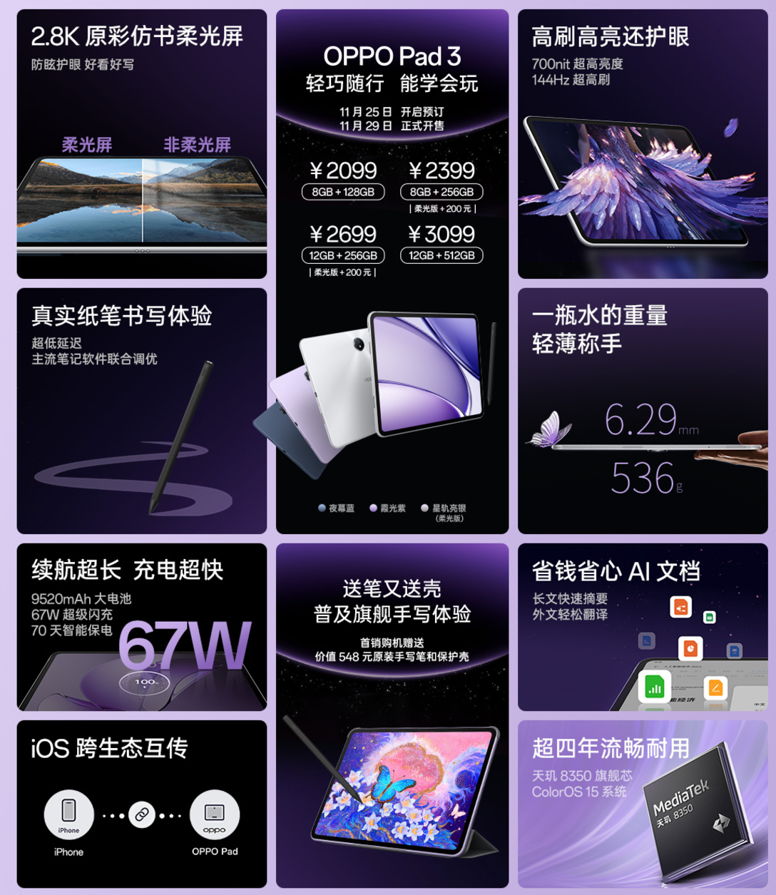 OPPO Pad 3 平板开售:天玑 8350、2.8K 144Hz 原彩仿书柔光屏,2099 元起