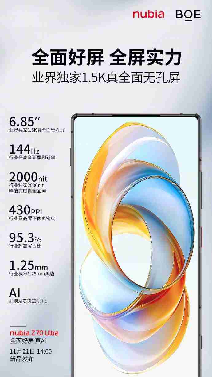 努比亚 Z70 Ultra 屏幕参数公布：6.85 英寸无孔设计，95.3% 屏占比