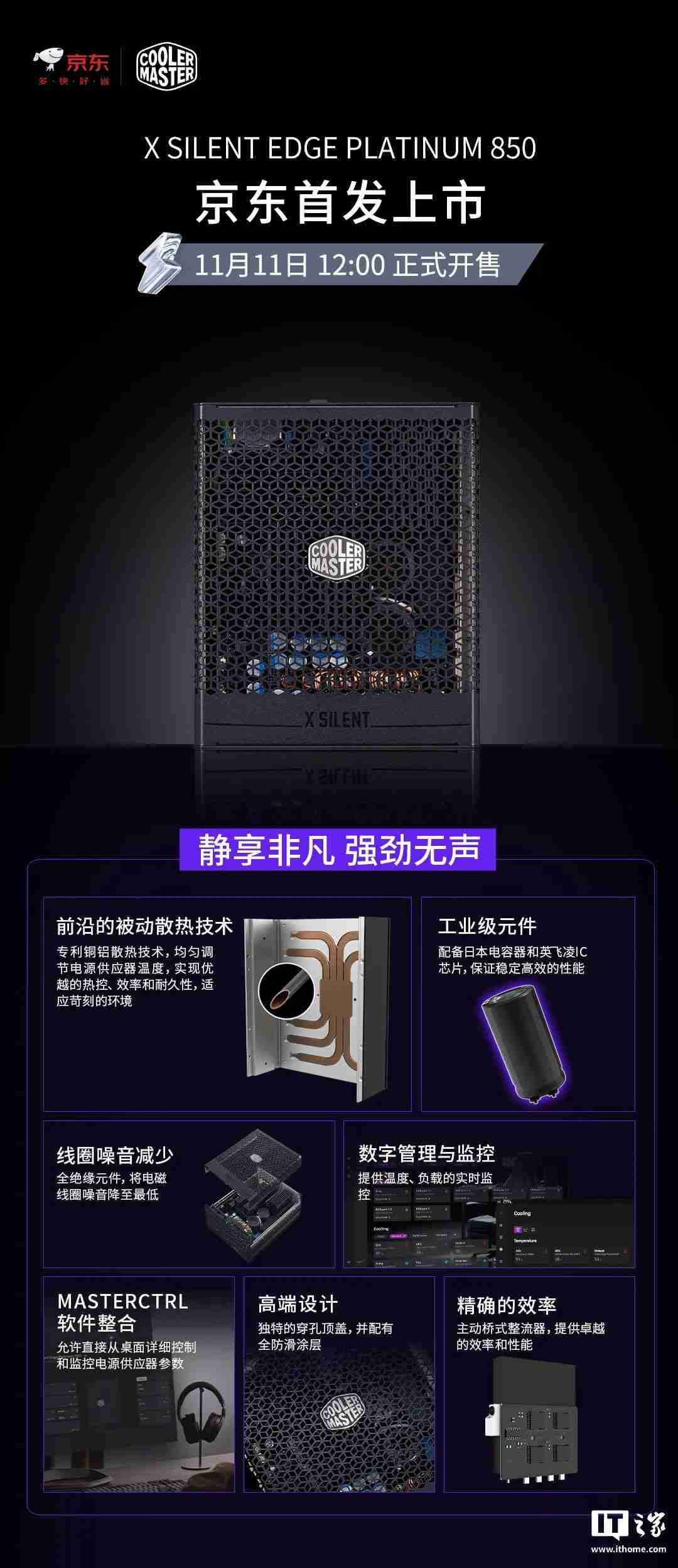 3999 元无风扇设计,酷冷至尊 X Silent Edge Platinum 850W 白金电源发售