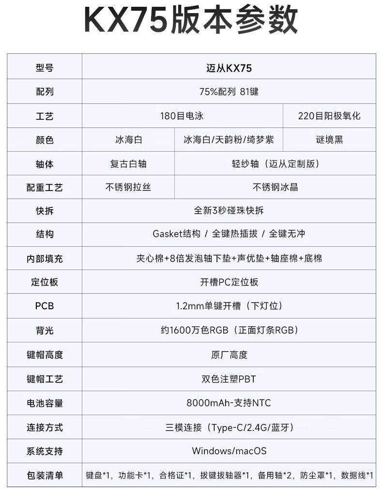 迈从 KX75 机械键盘开售:Gasket 结构、8000mAh 电池,首发 399 元起