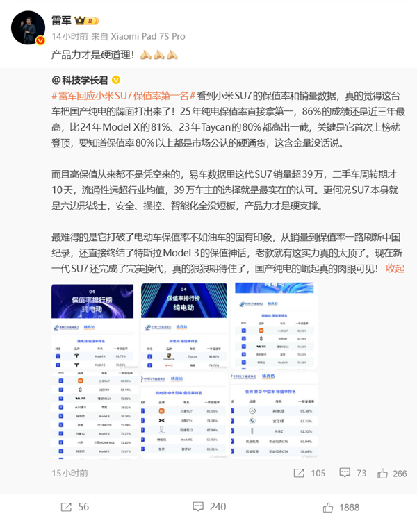 大家看图说话！雷军：这个成绩 可以得瑟吗